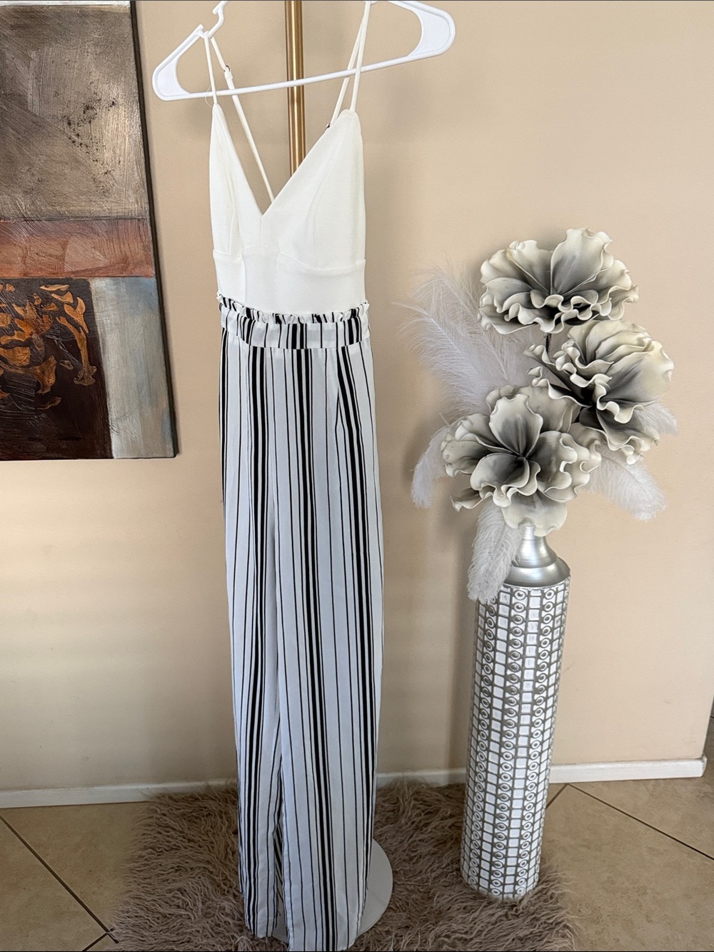 privy White & Black Striped Spaghetti Strap Jumpsuit